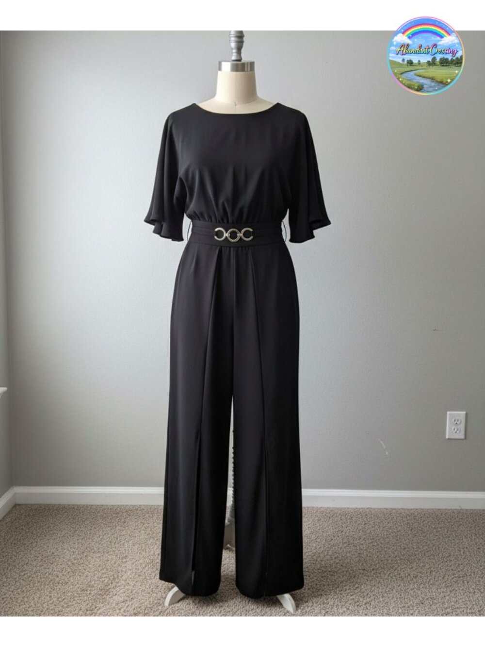 Elegant Wide Leg Jumpsuit Split Hem Metallic Belt Pockets Dressy Party